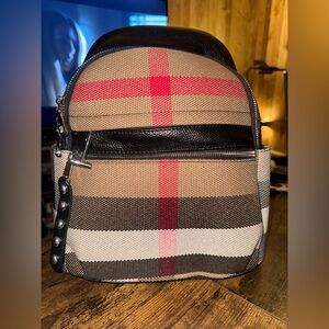 Stylish checkered/ plaid Black and Brown Backpack w silver hardware-leather